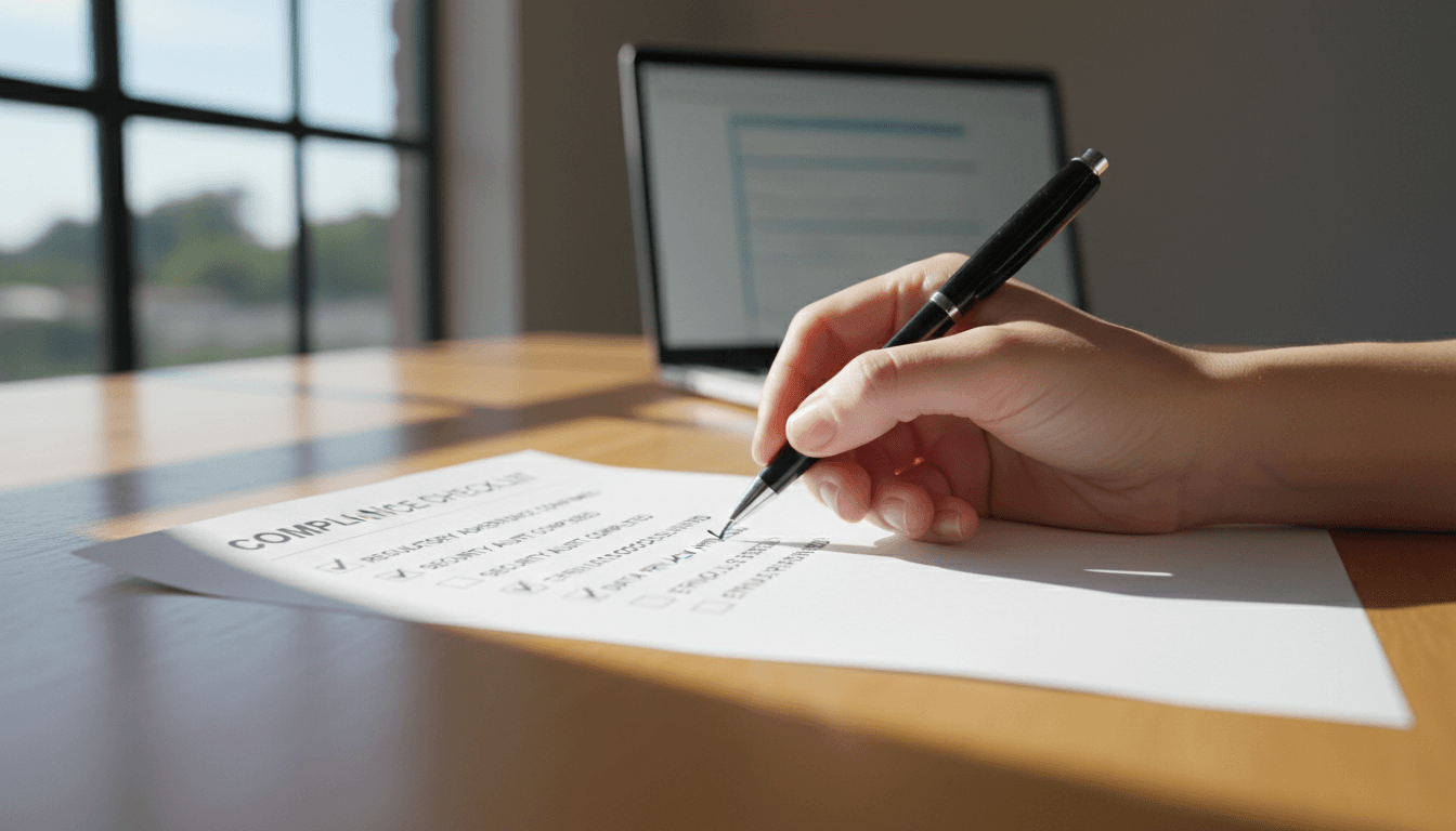 A person's hands reviewing a compliance checklist on a desk