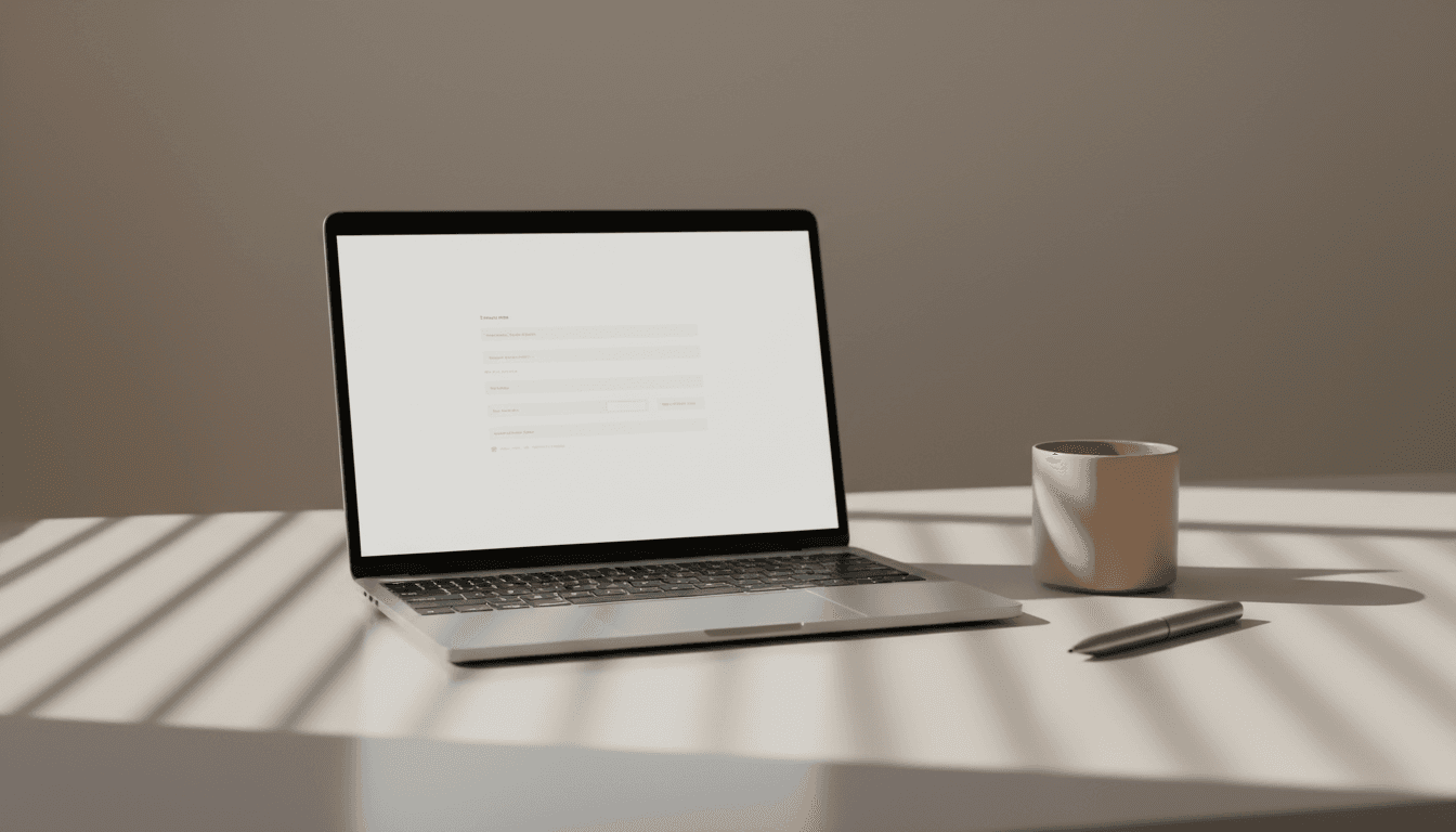 Desk with laptop and notebook ready for consultation