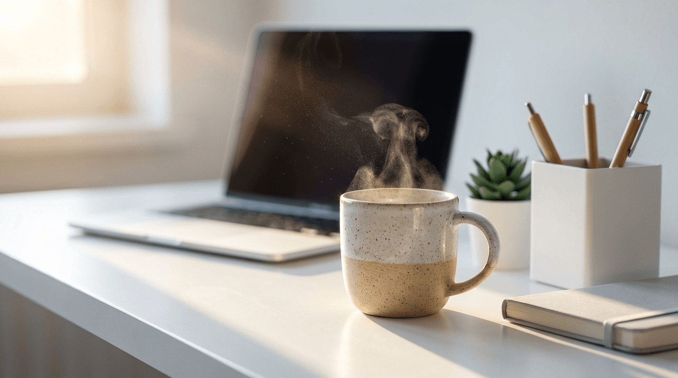 Coffee cup beside documents on a desk in a quiet office setting