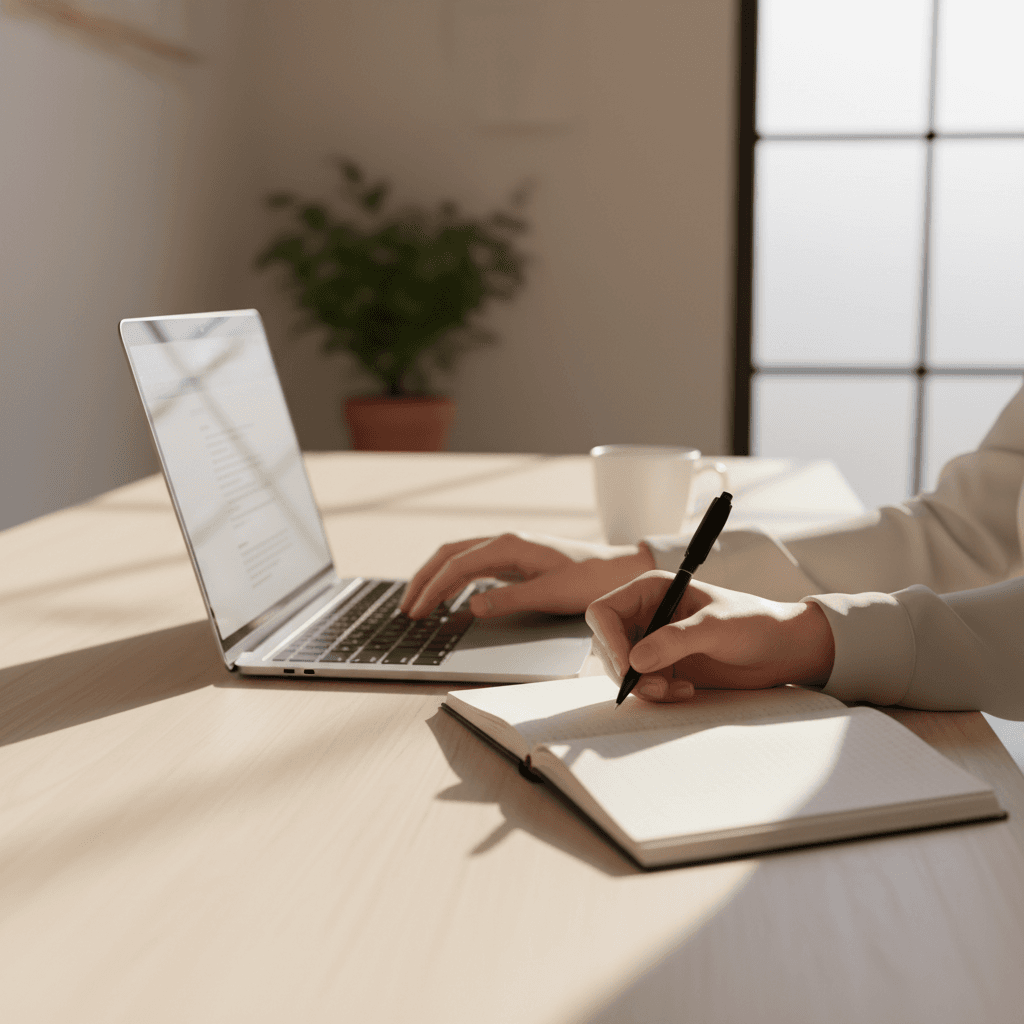 Desk with laptop, notebook, and coffee in a modern office setting