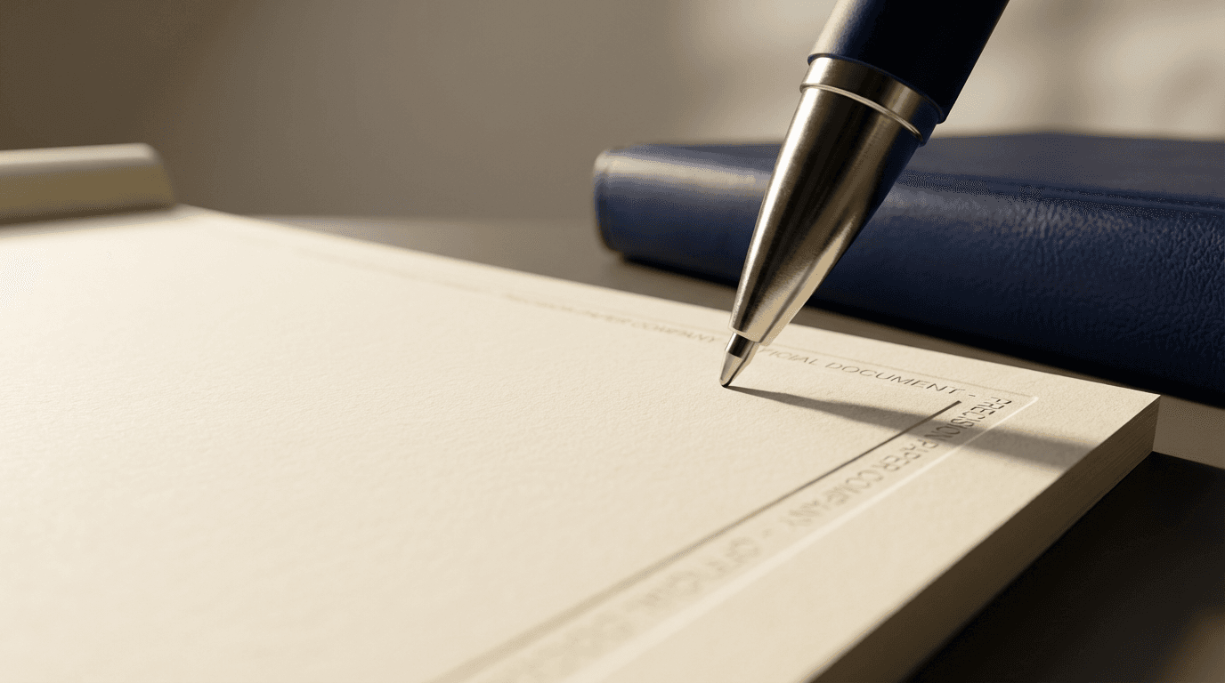 Hand holding a pen over a document with approval checkboxes, close-up shot
