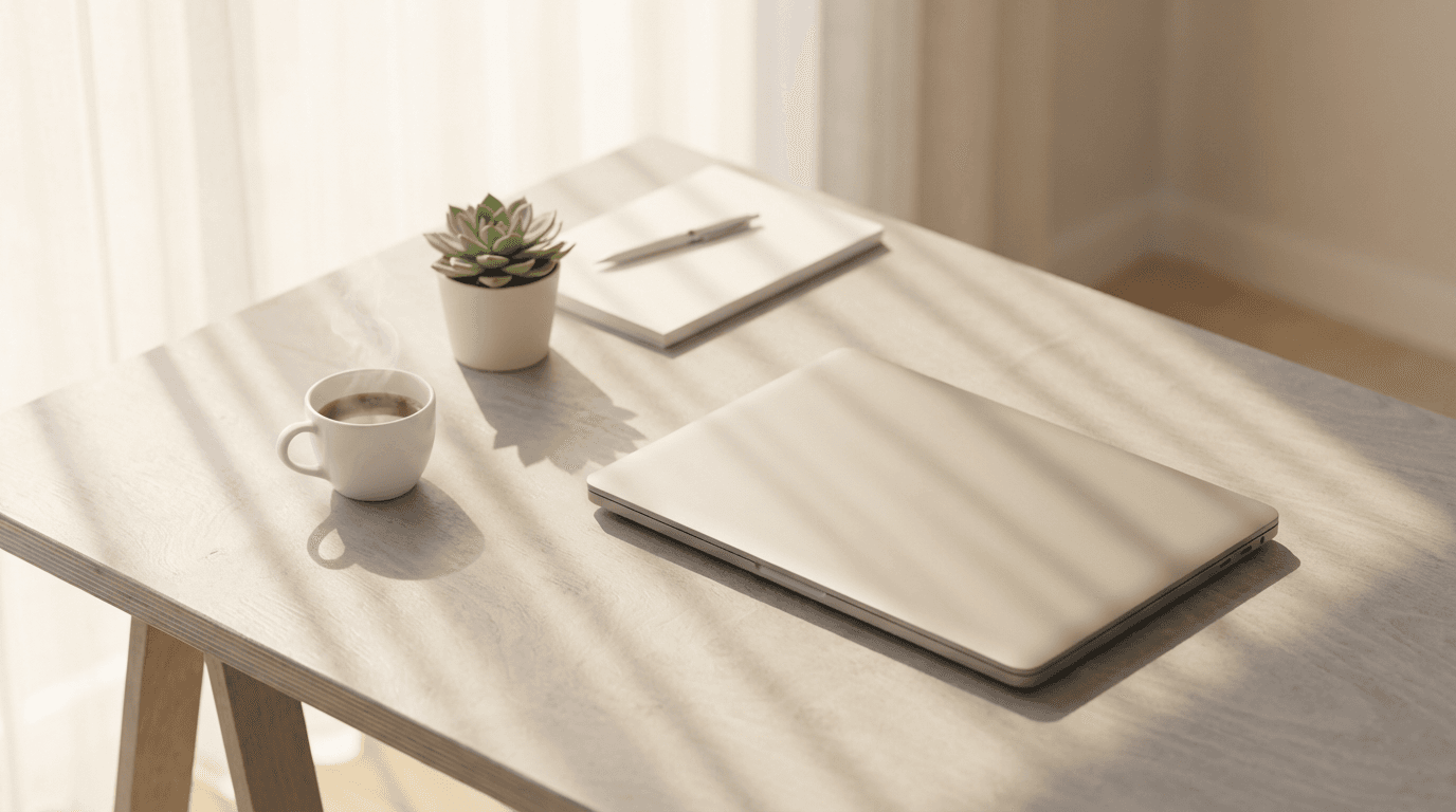 Laptop and notebook on a desk, ready for compliance review work